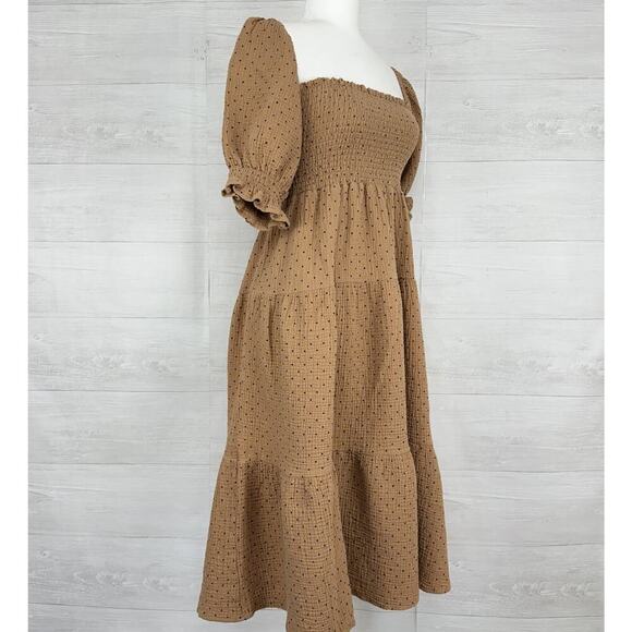 OPT Tiered Babydoll Midi Dress M Puff Sleeve Square Neck Smocked Polka Dot Gauze - Picture 4 of 13